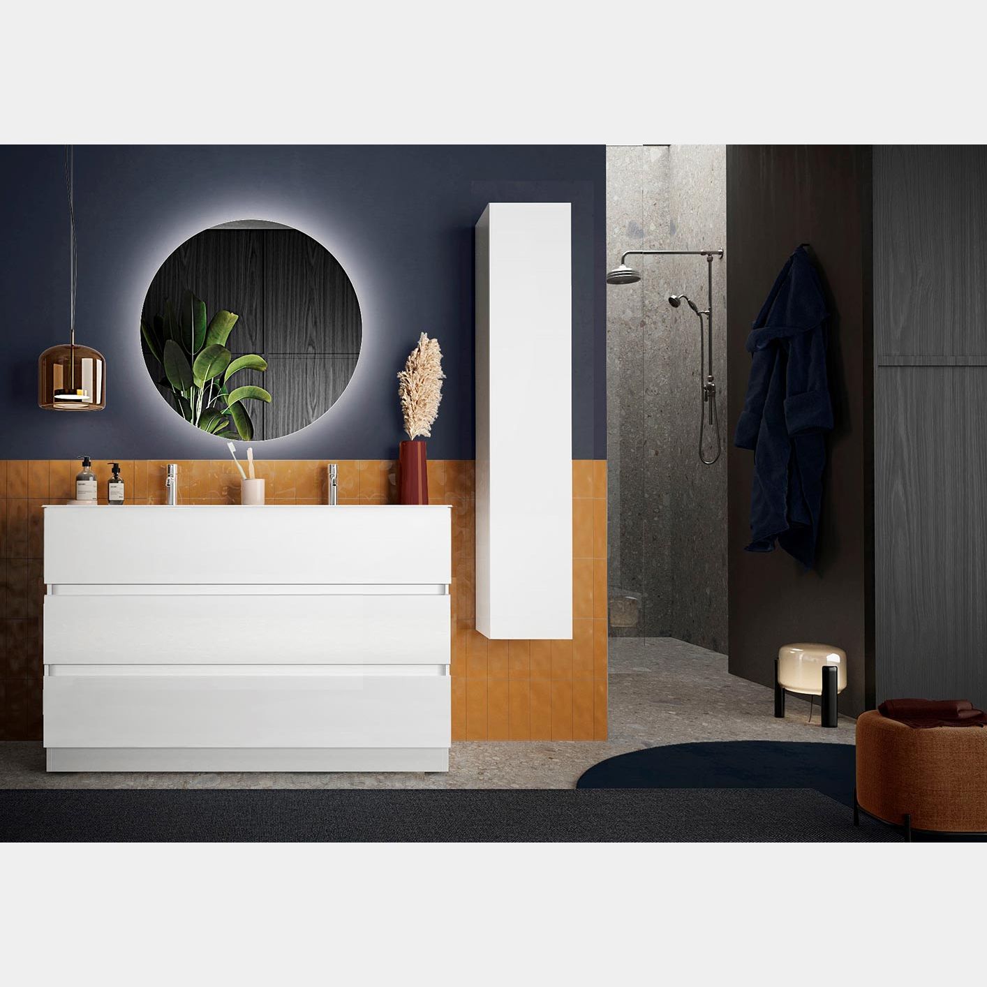 Mobile bagno a terra con 3 cassetti e doppio lavabo incluso, Bianco lucido