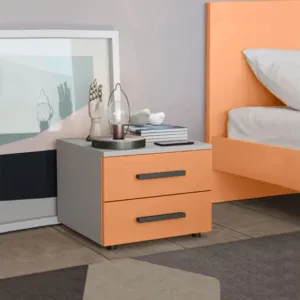 Comodino Master moderno, 2 cassetti, finitura Papaya e Cemento Artico