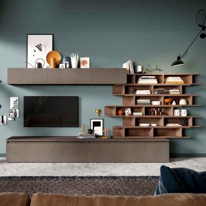 Economica e conveniente Parete di design L.276 con libreria, Bronzo e Mercure 