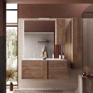 Mobile da bagno sospeso con doppio lavabo, finitura Mercure, Made in Italy