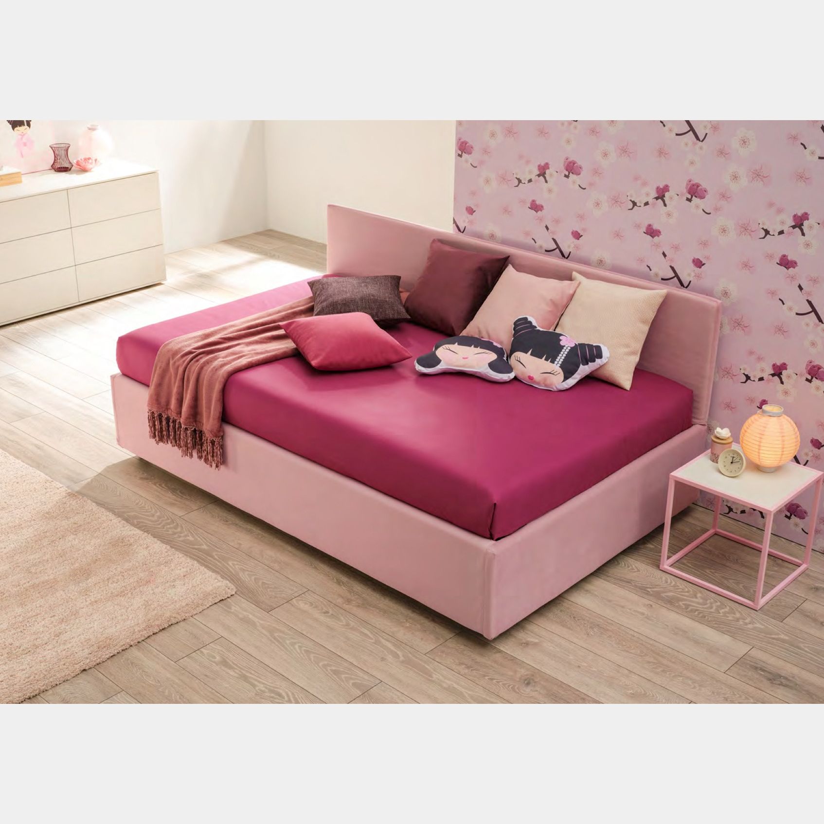 Divano letto imbottito Tango 1 piazza e mezza, finitura Flamingo velvet