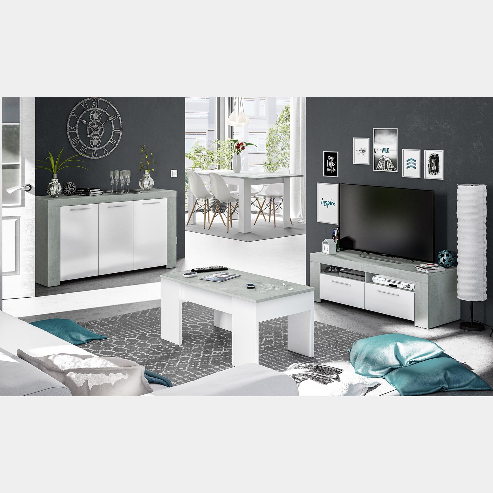 Soggiorno moderno completo con Tavolo, Porta TV, Madia e Tavolino