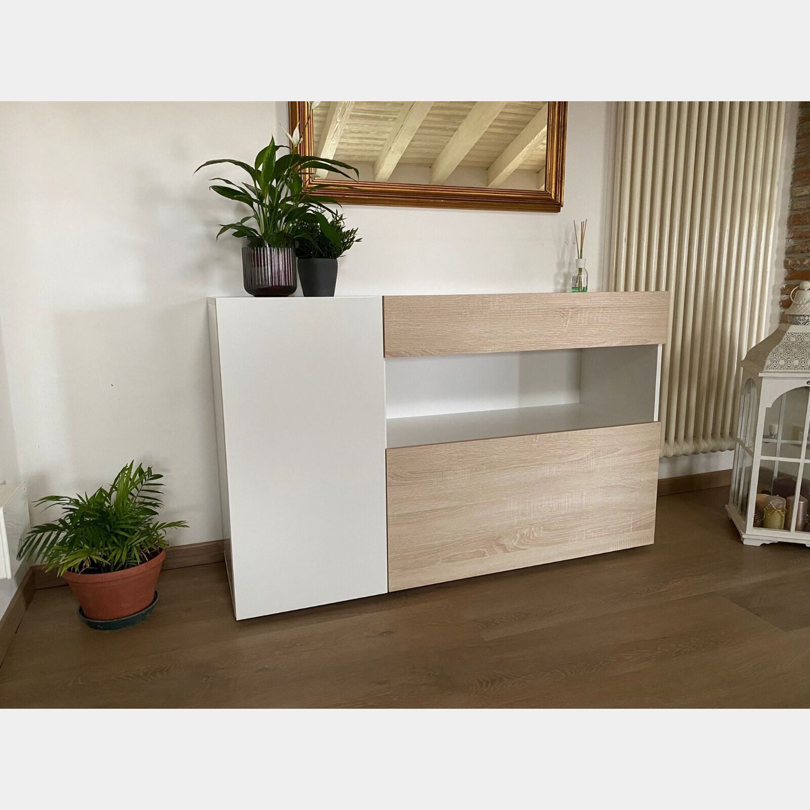 Madia moderna per zona giorno, finitura rovere samoa e bianco