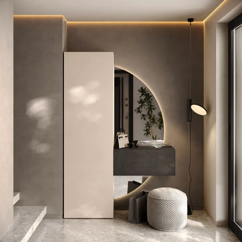 Ingresso moderno con specchio, ribalta sospesa e colonna larga ...