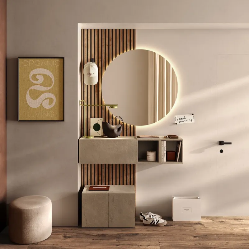 Ingresso moderno con specchio retroilluminato e pannello cannettato, sconto