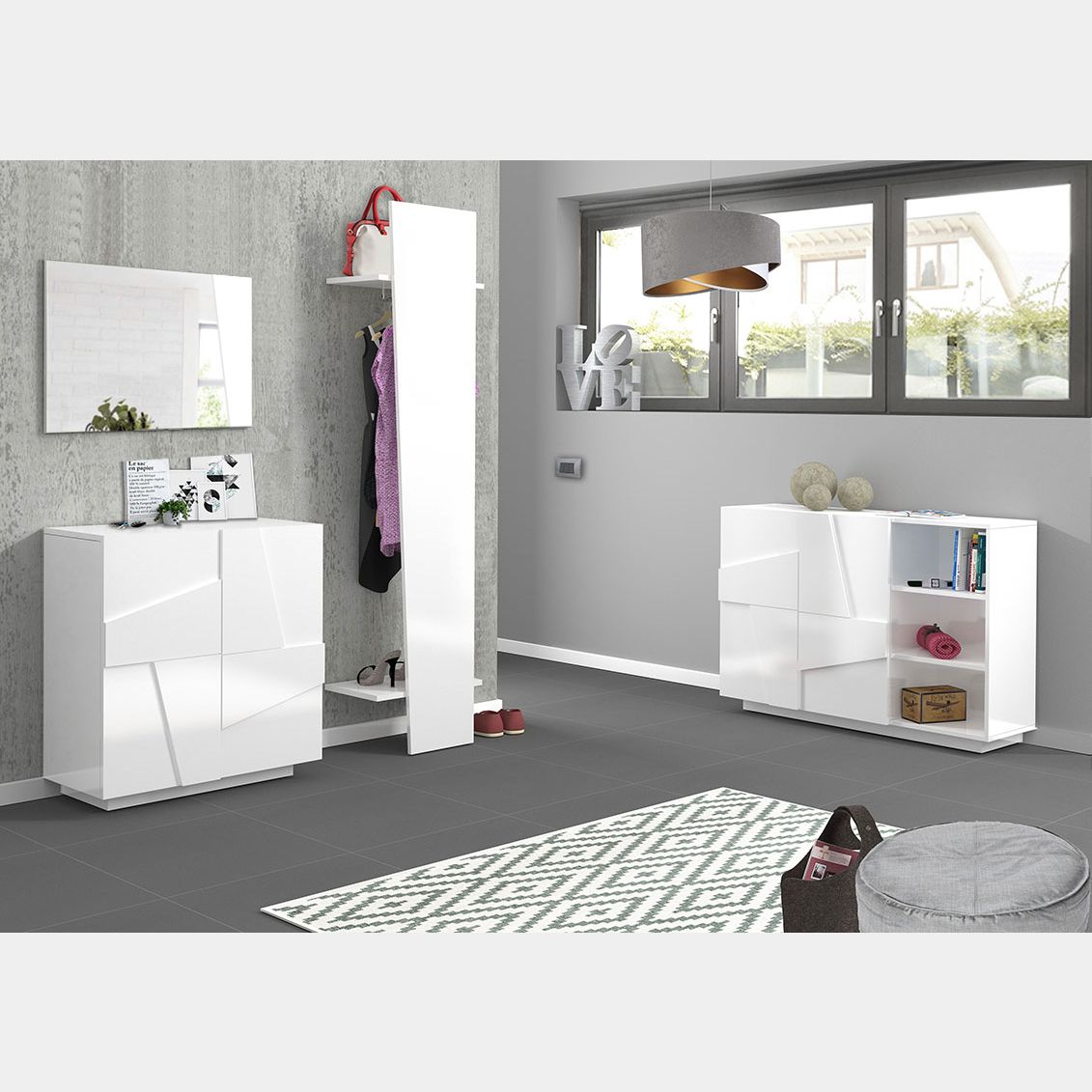 Dmora Bianco Lucido e Pero Mobile da Ingresso, Made in Italy, Entratina con  Appendiabiti, Scarpiera, cm 120x40h54, Colore