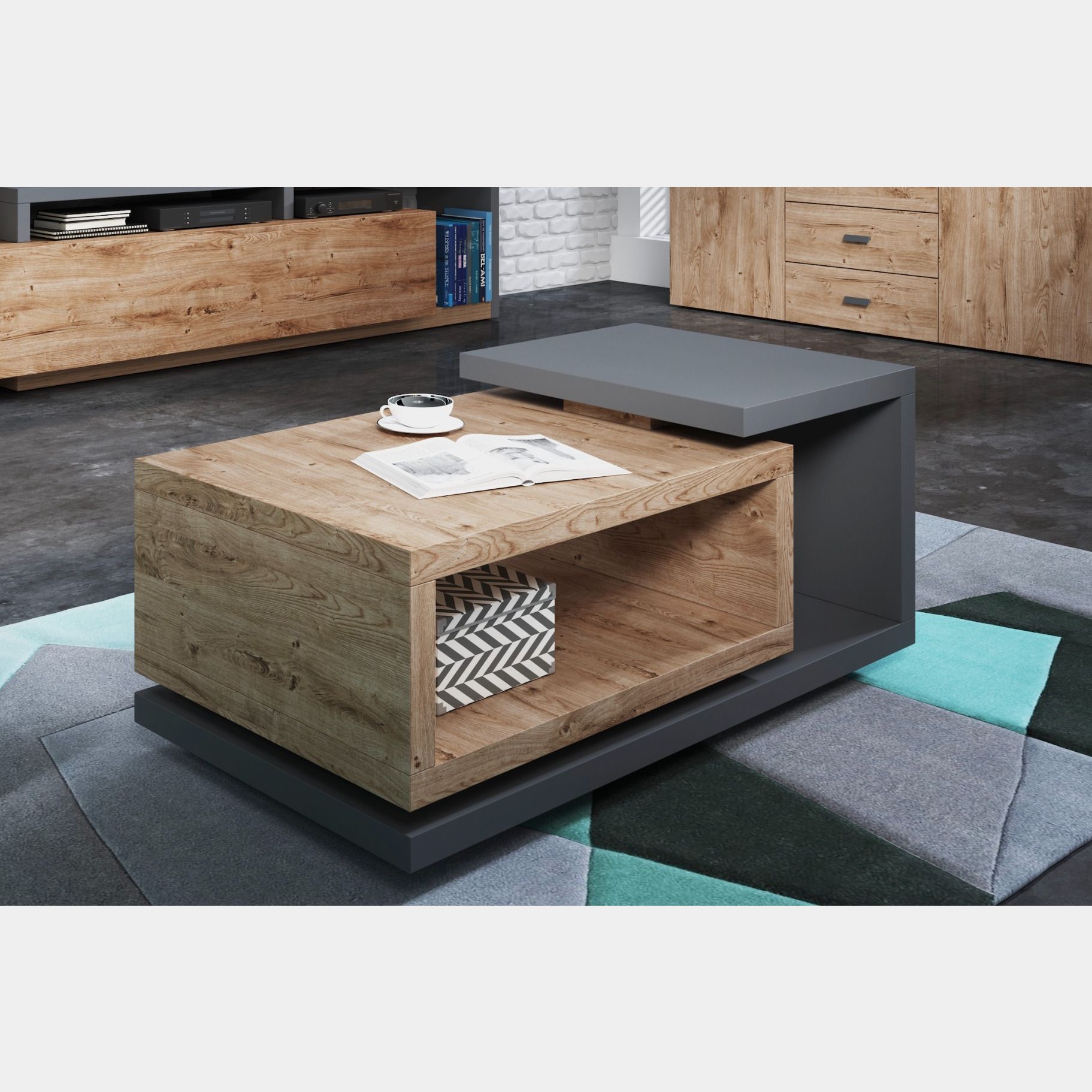 Tavolino dal design moderno da divano, rovere rustico e antracite