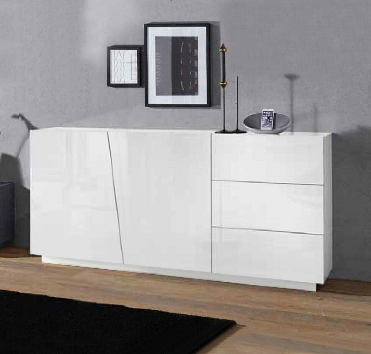 Madia Credenza Bianca Lucida 2 Ante 3 Cassetti