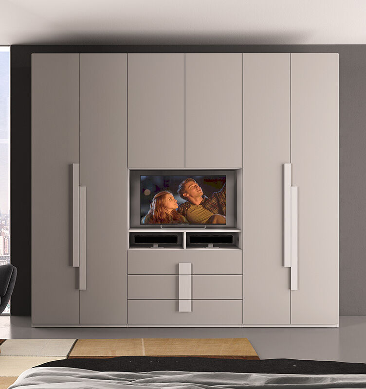 Armadio Piccione, ante, vano Tv, finitura Tortora e Larice Bianco