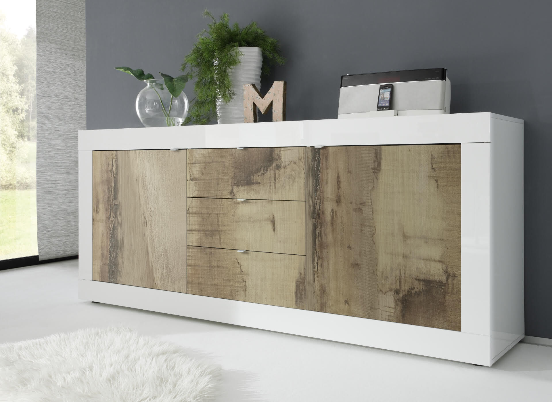 Credenza Moderna Gecheer Con 2 Ante - Mobile Per Soggiorno/Cucina 60x35x70 Cm, In Truciolato E Gambe Legno, Stile Industriale, Da Montare Con Fissaggio A Parete