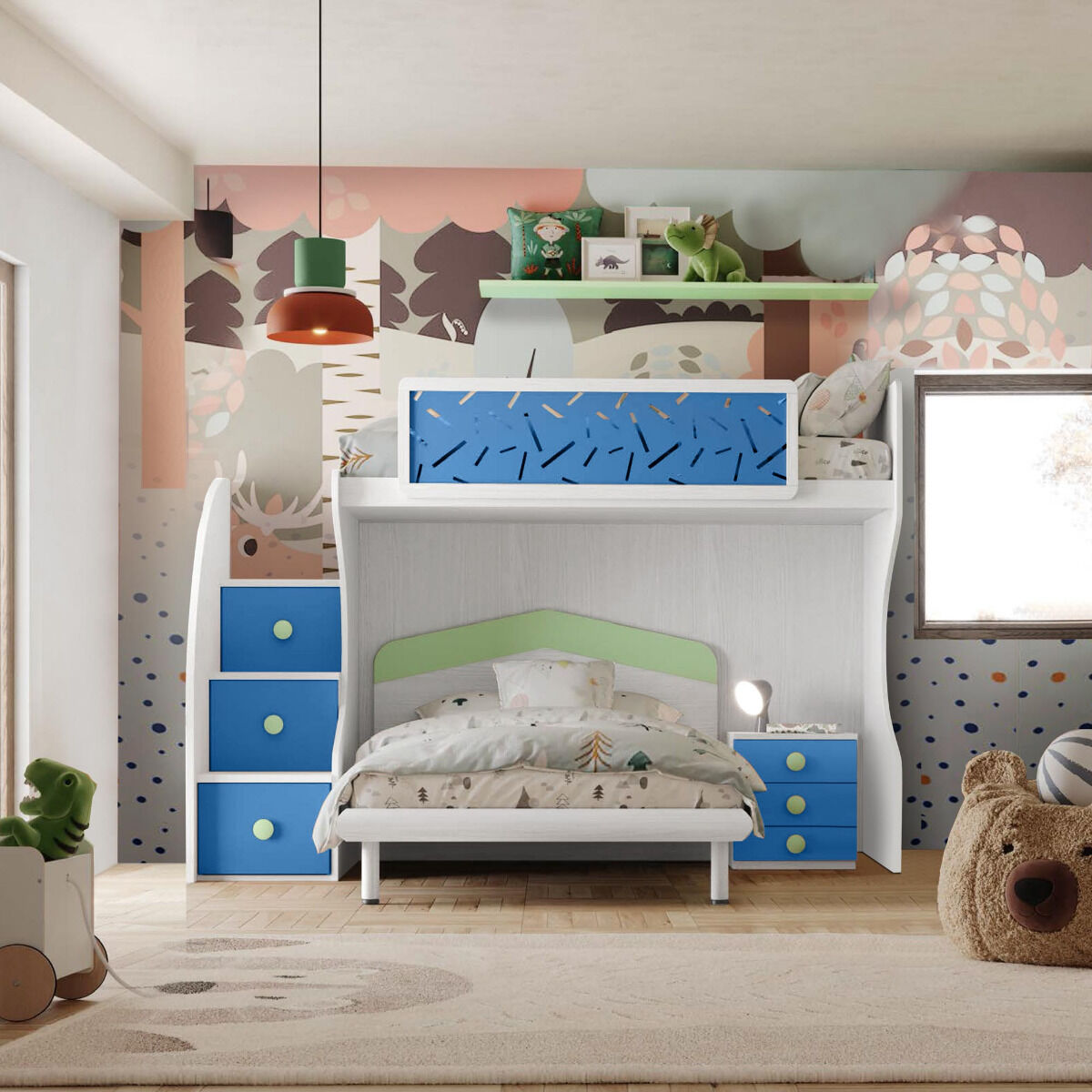 Letto castello con letto piazza e mezza inferiore, finitura