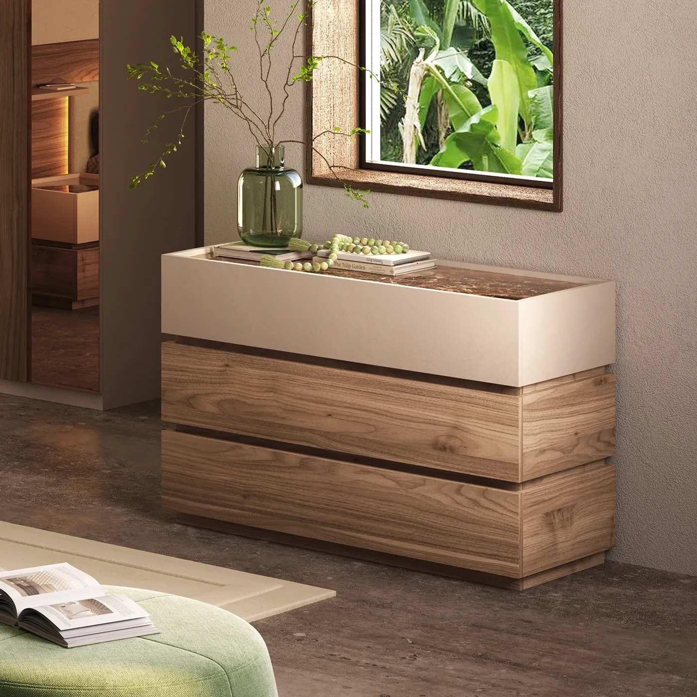 EKNKOZY Comò Con 8 Cassetti In Tessuto E Luci LED – Cassettiera Con Prese USB E Ricarica, Mobile TV Per Camera Da Letto, Marrone Rustico