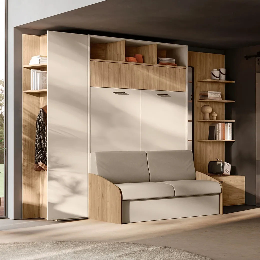 Letto a scomparsa con divano, finitura Noce biondo e Orzo