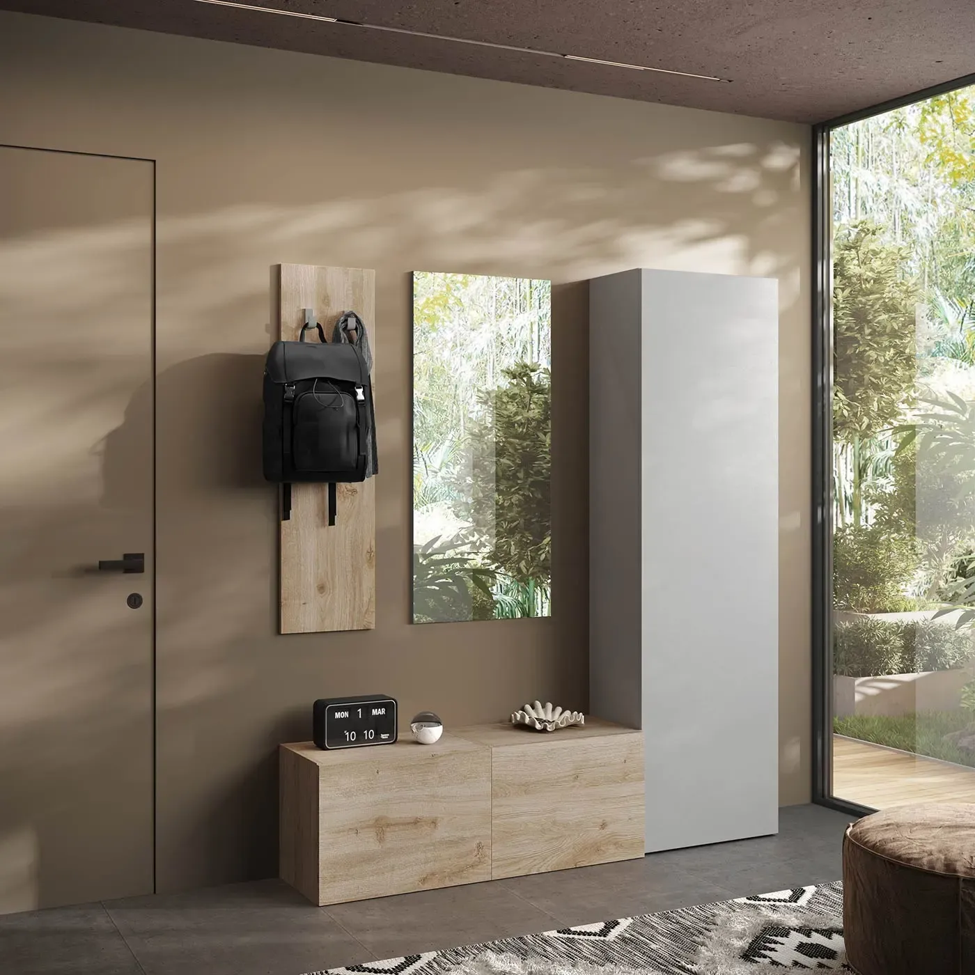 Mobiletto Ingresso Maiorca Con Specchio | Bianco Lucido E Grigio Cemento | 81x116x29cm | Con Cassetto E Mensola - Foto 4