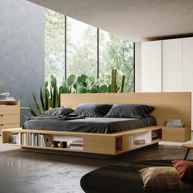 Letto contenitore con librerie laterali, finitura Rovere nordico e