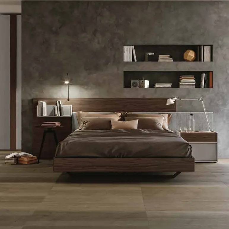 Letto matrimoniale con testata in tessuto, finitura Noce moro e Grigio