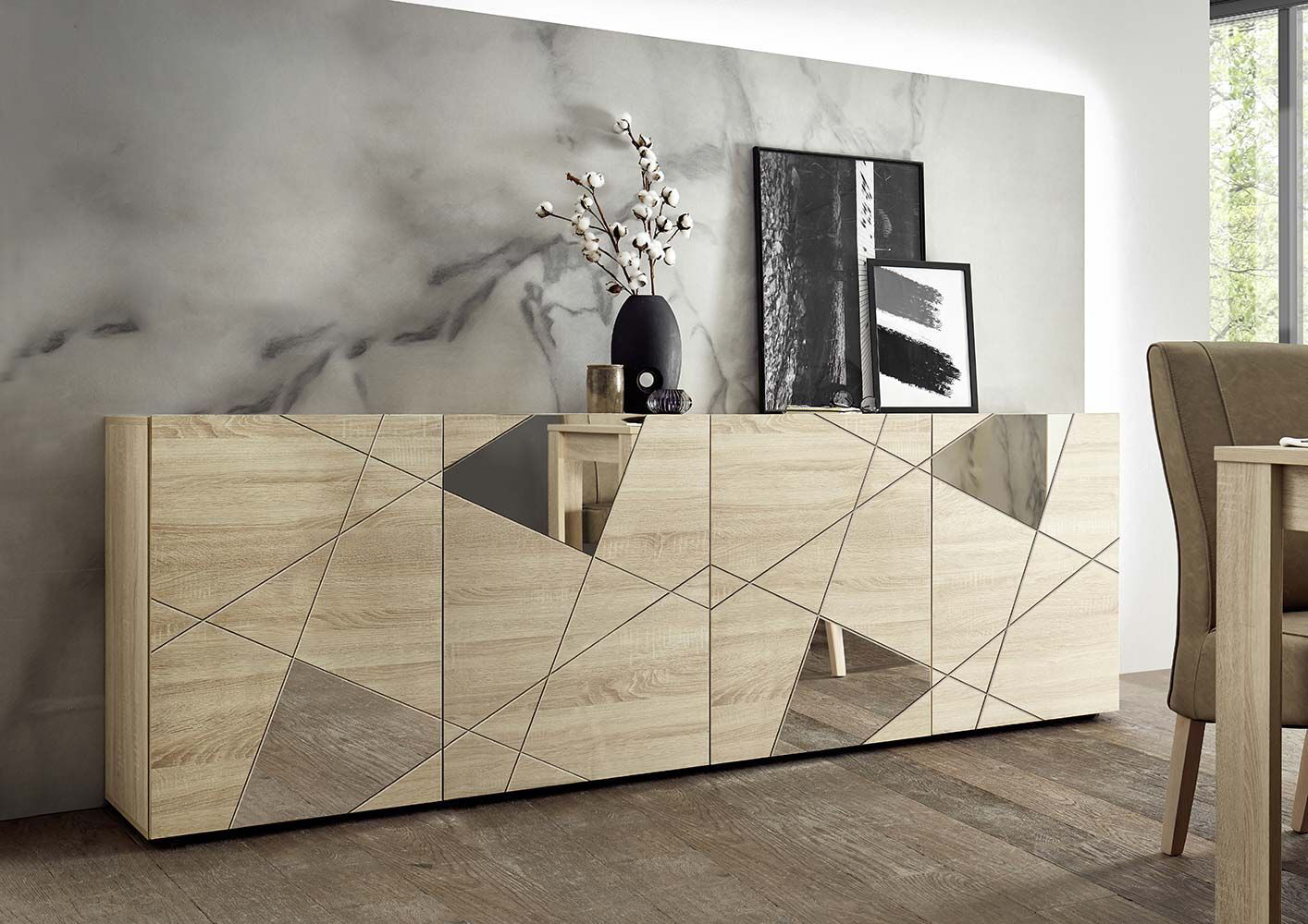 Madia moderna serigrafata, ante e specchi, finitura Rovere samoa