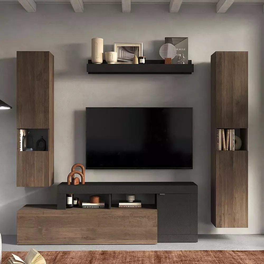 Parete attrezzata soggiorno, design moderno, finitura Mercure e Lava