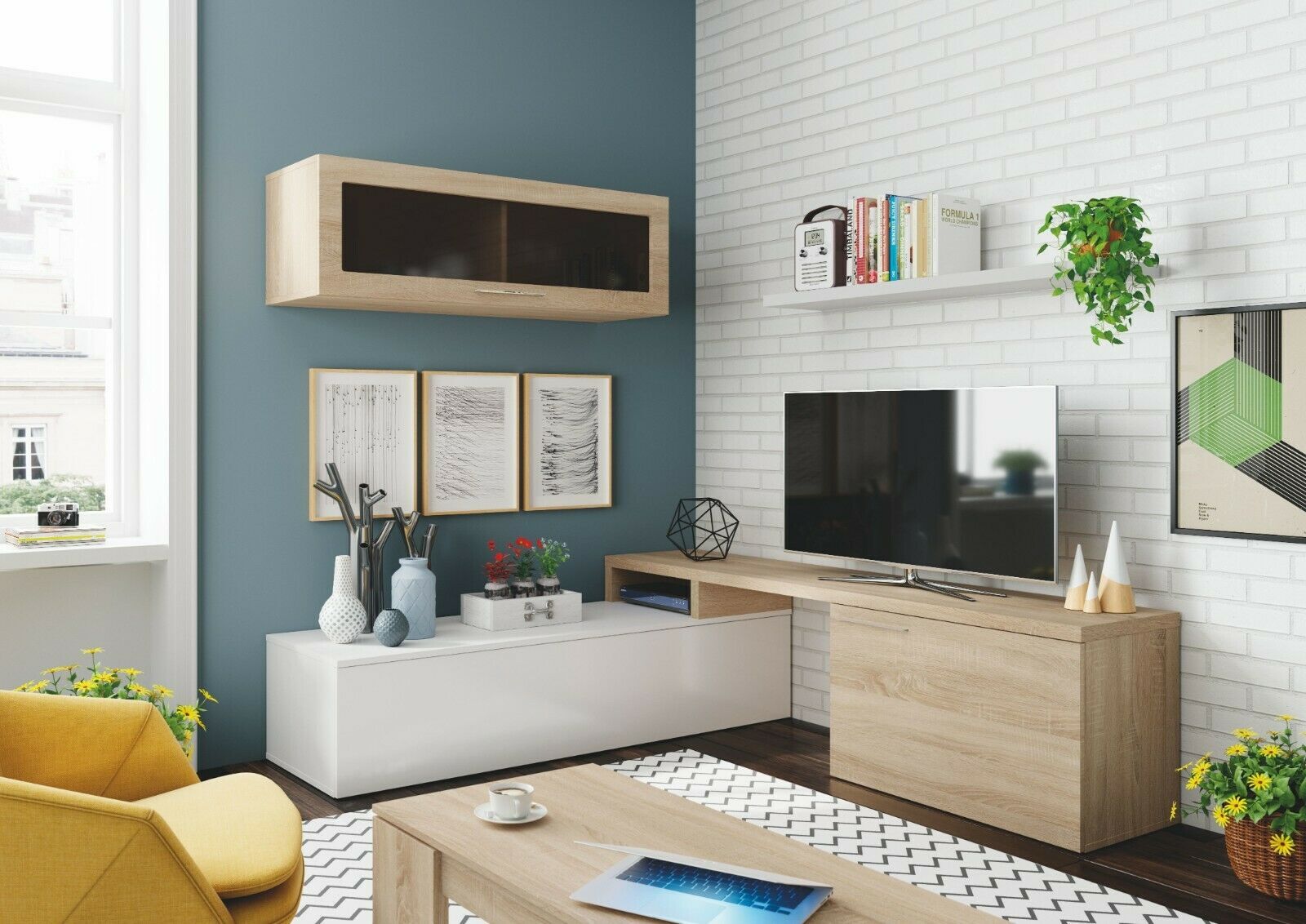 Parete Attrezzata Salotto Odessa, Mobile TV 200cm + Pensile Con Ante A Ribalta, Bianco Lucido/rovere - Design Moderno Salvaspazio