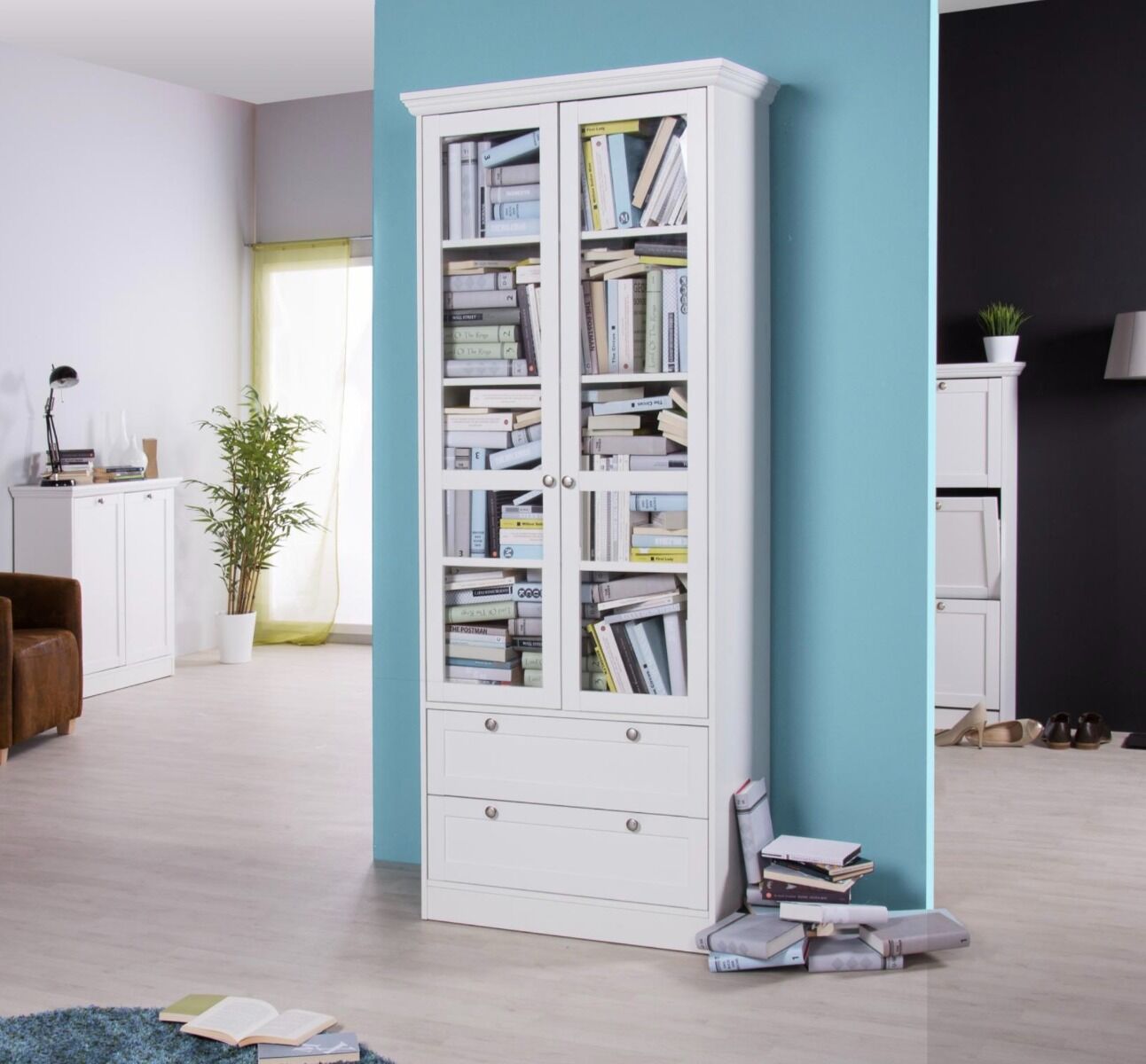 Vetrinetta Rebecca Shabby Chic | Bianco Con Cassetti Vimini | 102x32x27 Cm | Per Bagno, Ingresso O Camera - Foto 3