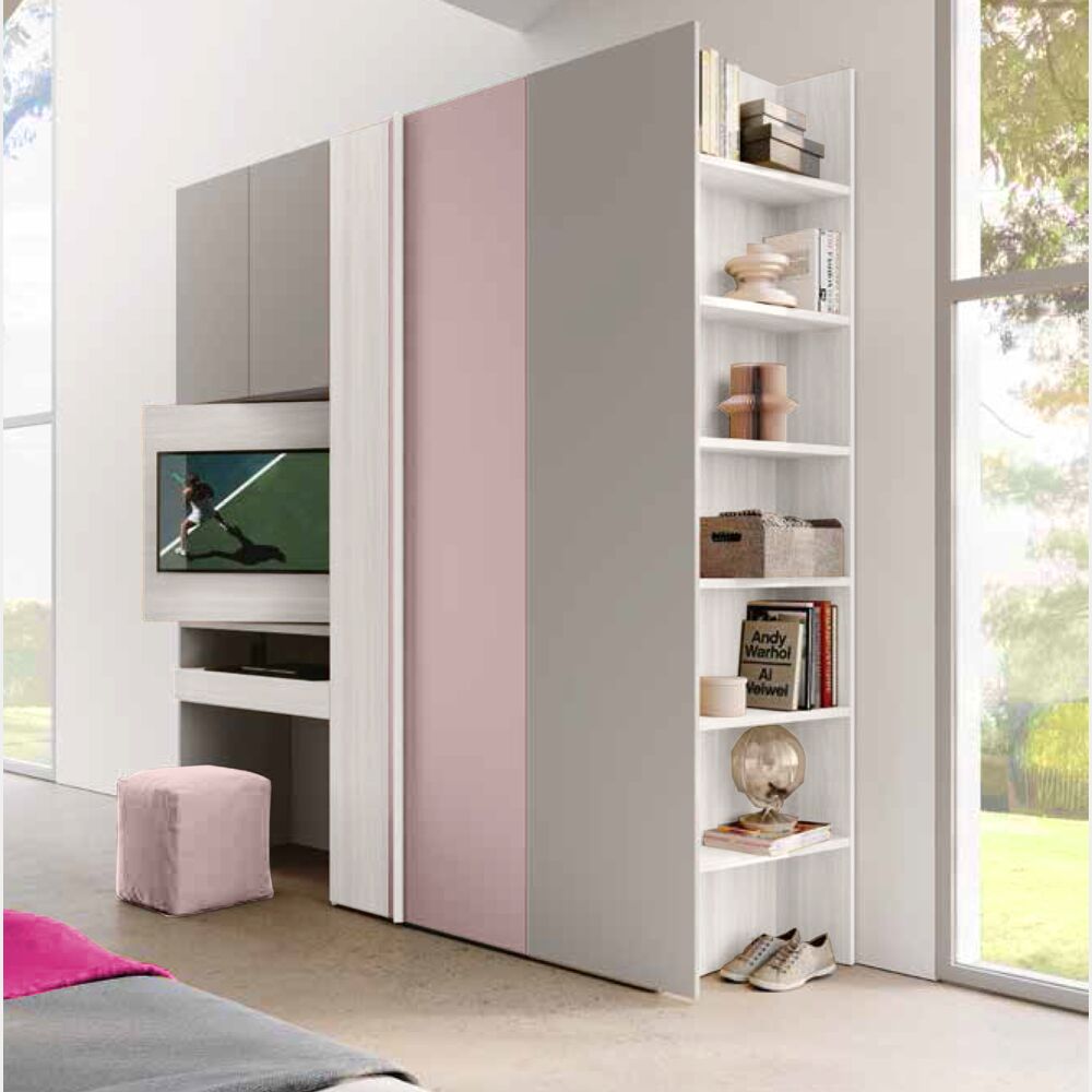 Armadio con scrivania estraibile e vano tv, ante Bianco, Rosa e - Main Image