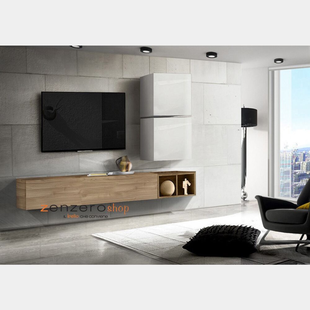 Parete soggiorno moderna, Rovere stelvio, miele e cubi bianchi lucidi