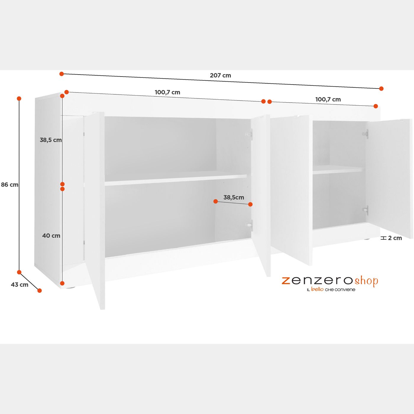 Dama Wh XL credenza madia moderna 4 ante ante bianco lucido 241cm