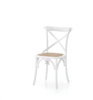 Sedia vintage in olmo laccato bianco con seduta in rattan naturale 