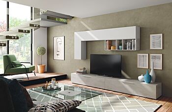 Soggiorno Zenzero, parete attrezzata moderna con doppia base porta TV e pensili a muro, cemento e bianco artik