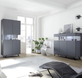 Sala moderna composta da Vetrina e Madia in finitura carbonio con piedino in ferro nero