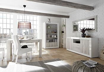 Sala completa di design con Madia, Libreria e Tavolo allungabile, finitura Pino Bianco e Bianco Lucido