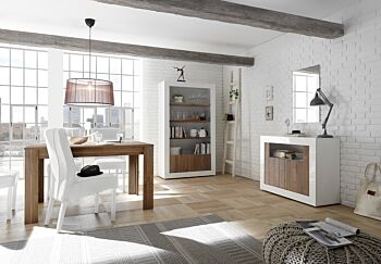 Sala completa di design con Madia 2 ante, Libreria e Tavolo allungabile, finitura Bianco Lucido e Noce Dark