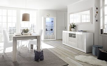 Sala completa di design con Madia, Vetrina e Tavolo allungabile, finitura Pino Bianco e Bianco Lucido