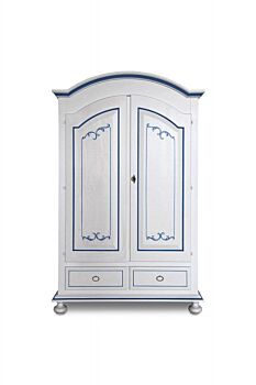 Armadio in legno, laccato bianco, con filetti blu, cappello tondo - pomelli anticati