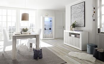 Sala completa di design con Madia, Vetrina e Tavolo fisso, finitura Bianco Lucido e Bianco Pino