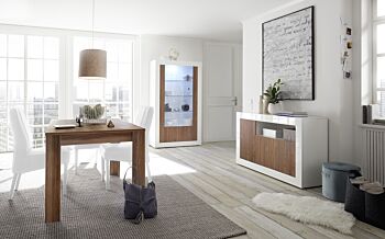 Sala completa di design con Madia, Vetrina e Tavolo fisso, finitura Bianco Lucido e Noce Dark