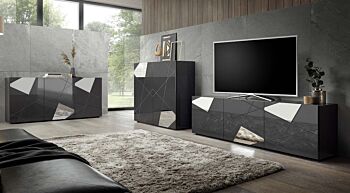Soggiorno moderno con 2 madie e un porta Tv in finitura Grigio lucido con specchi