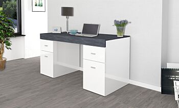 Scrivania 2 ante e 2 cassetti bianco lucido e ardesia, made in Italy