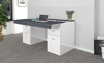 Scrivania 2 ante e 2 cassetti bianco lucido e ardesia, made in Italy