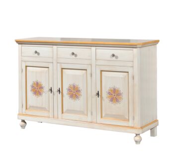 Credenza in legno avorio pennellato con decori, con 3 porte intagliata e 3 cassetti 158x103