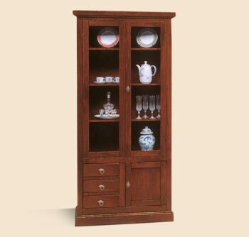 Vetrina in legno finitura noce arte povera, con 2 porte e 3 cassetti 90x41 H.186