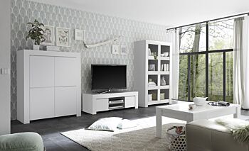 Soggiorno moderno, completo di Porta TV, libreria e Madia 4 ante, bianco opaco