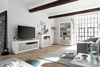 Soggiorno moderno completo con Porta TV, Madia e Libreria, finitura Bianco Lucido e Pino bianco