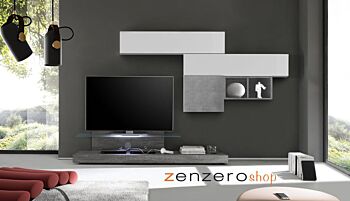 Parete attrezzata moderna di design, bianco lucido e cemento - 249x190 cm