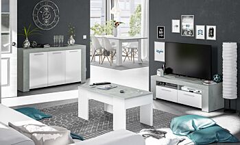 Soggiorno moderno completo con Tavolo, Porta TV, Madia e Tavolino, finitura Cemento e Bianco