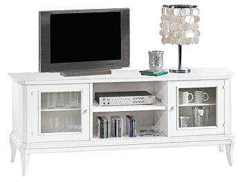 Porta TV in legno con vetrate, bianco opaco, arte povera - cm 164X64