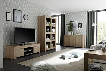 Soggiorno moderno, completo di Porta TV, libreria e Madia 3 ante, Rovere Cadiz