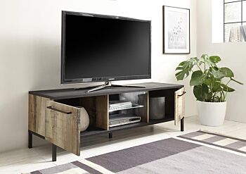 Soggiorno Industry con madia 4 ante, porta tv e vetrina in finitura nero bruciato e pero