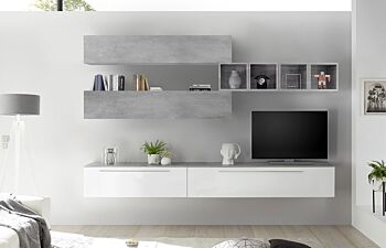 Soggiorno Zenzero moderno, parete attrezzata bianco lucido e beton con top cemento