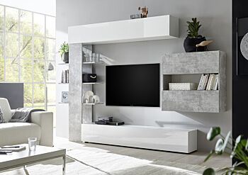 Sala moderna con parete attrezzata e madia, finitura Bianco Lucido e Beton